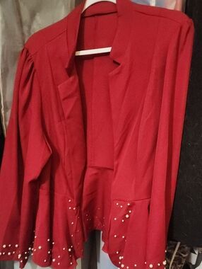 SHEIN Red Open-Front Peplum Blazer with Pearl Accents